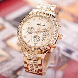 Часы для женщин Мода Элитный бренд наручные часы Relogio Feminino дамы золото сталь кварцевые часы, Женева повседневное Кристалл страз