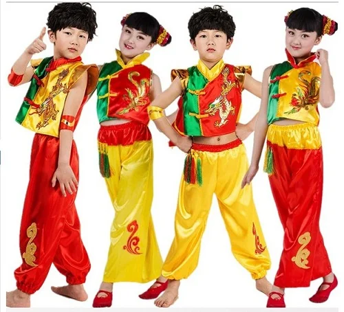 Детская Китайская народная Танцы одежда мальчиков и девочек кунг-фу шоу новый национальный Танцы Дракон барабан народном стиле Одежда