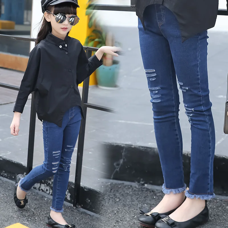 Le ragazze di Autunno Classico Rottura del Foro di Stirata Pantaloni  Stretti Jeans Lunghi Bambini Pantaloni Denim Nero Blu Nappa|jeans pants  types|jean menpants extensions - AliExpress