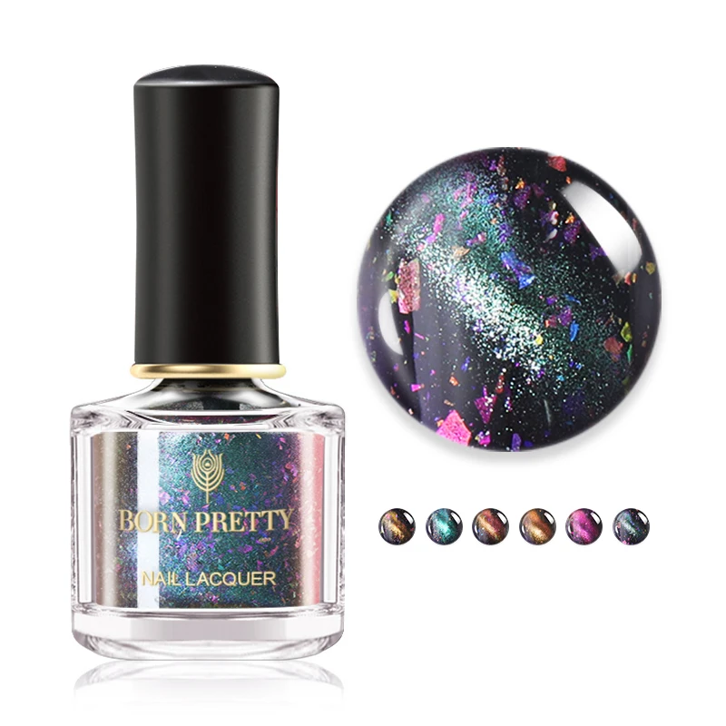 

BORN PRETTY 6ml Chameleon Cat Eye Nail Polish Glitter Sequins Nail Art Varnish Manicure Design Black Base Needed Nail Polish