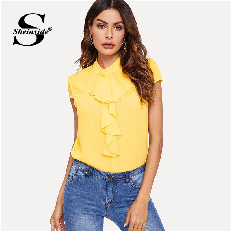 

Sheinside Elegant Yellow Jabot Collar Cap Sleeve Summer Blouse Solid Top Fashion Women Blouses 2019 Ruffle Details Ladies Tops