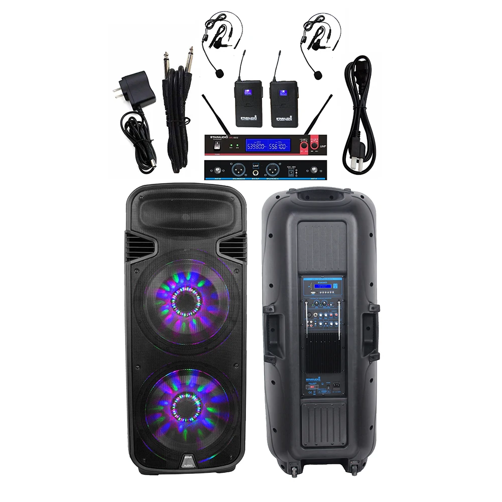 

STARAUDIO Dual 15" DJ 4500W PA Party Karaoke KTV Powered Active RGB Light Speaker 2 Channel UHF Wireless Headset Mic SDM-15RGB