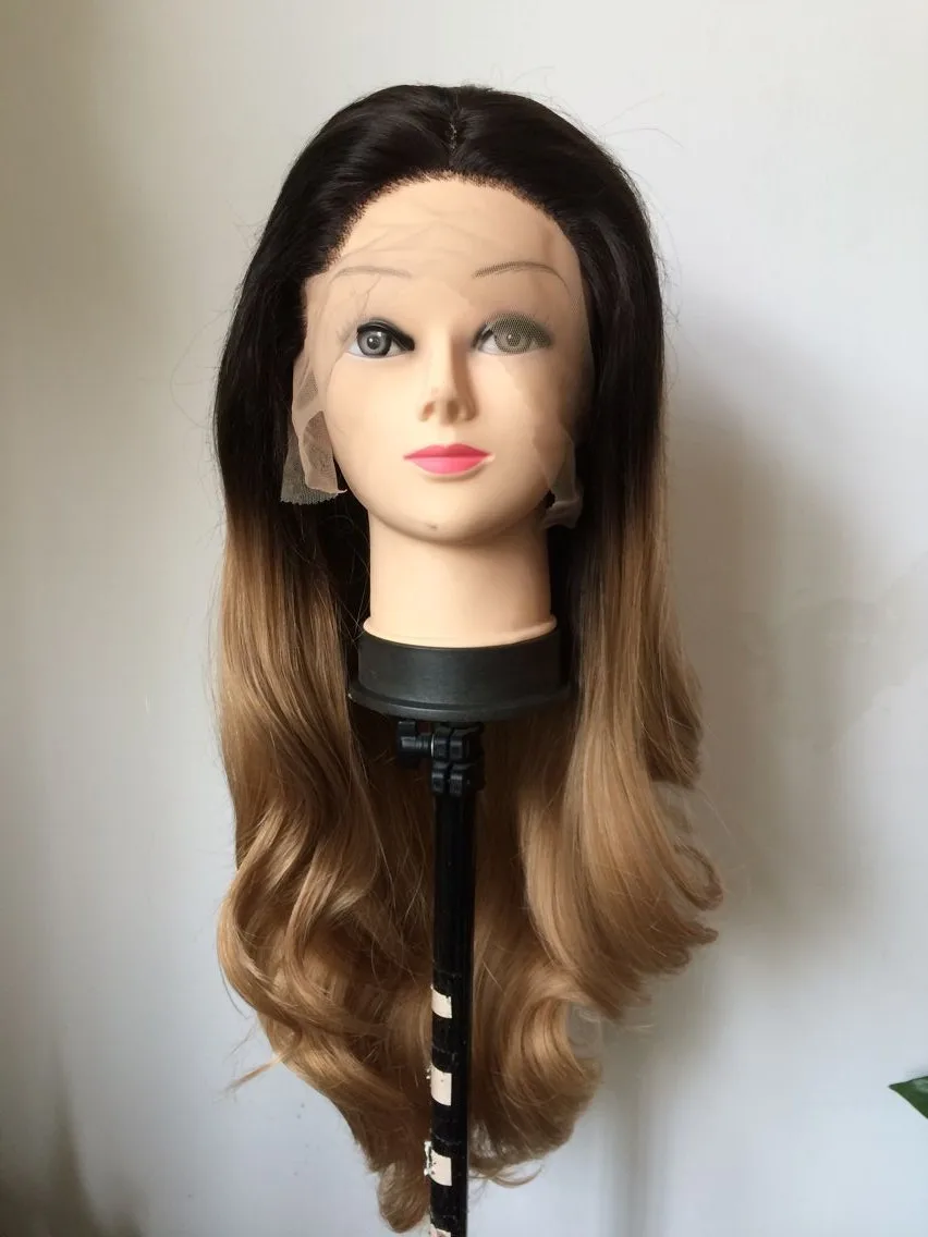 

FREE SHIPPING Glueless Heat Resistant Hair Ombre Natural Black To Brown 1B/27 Bodywave Synthetic Lace Front wig(Coco-Medium)
