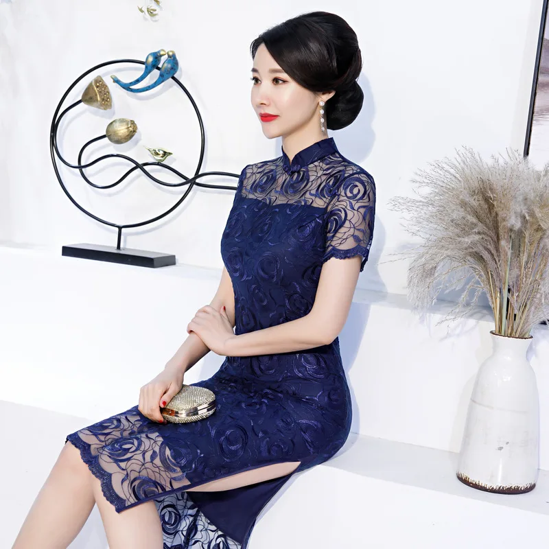 

Navy Chinese Style Bride Wedding Party Dress Women Lace Sexy Handmade Button Qipao Novelty Plus Size Long Cheongsam