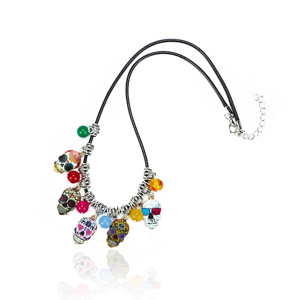 

1PC Sugar Skull Necklace Fashion Punk Unisex Pendant New Style Choker Crystal Beads Women Jewelry Party Accessories Gift