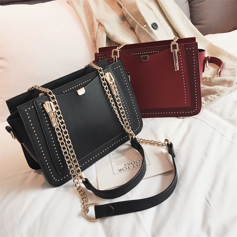 

Rivet chain bag 2019 new wave fashion chic handbag wild diagonal cross bag PU leather shoulder bag
