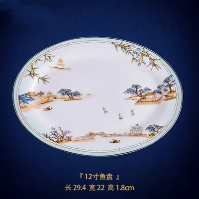 Китайский стиль роскошный фарфор обеденные тарелки креативные керамические Западное озеро Столовый Текстиль для отеля набор столовых приборов декоративная плоская тарелка для стейка - Цвет: 12 inch fish plate