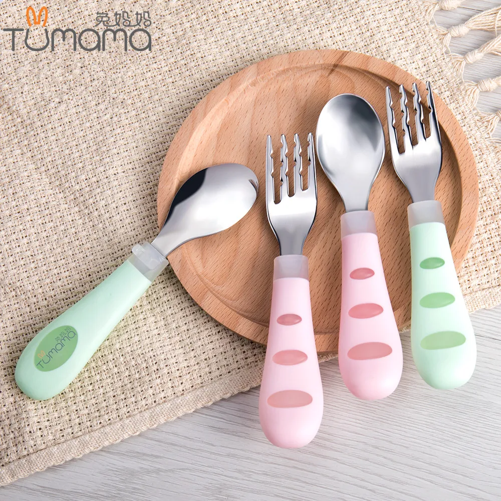 Tumama 2pcs/lot Baby Feeding Spoon Fork Set Stainless Steel Toddler