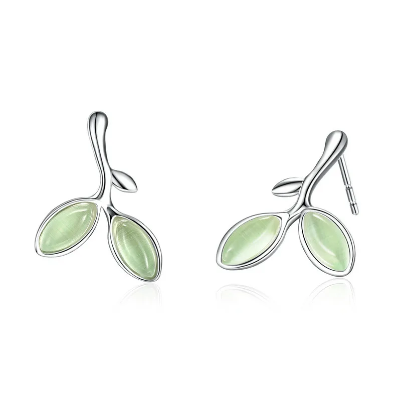 

ABAY Genuine 925 Sterling Silver Hope Leaves Tree Green Buds Small Earrings for Women Authentic Silver Jewelry Gift