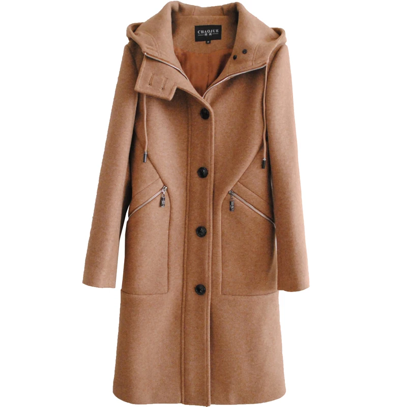 CHAOJUE Брендовое женское коричневое шерстяное пальто с капюшоном Осень/Зима дамское теплое пальто на молнии высокое качество плащ