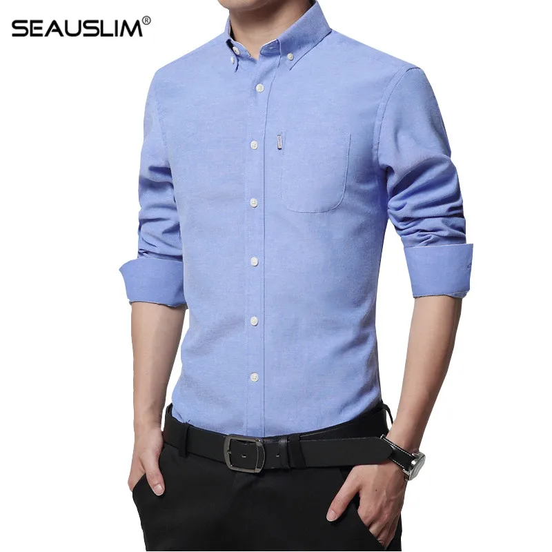 SEAUSLIM Men Business Dress Shirts Long Sleeve Slim Fit Clothing Spring