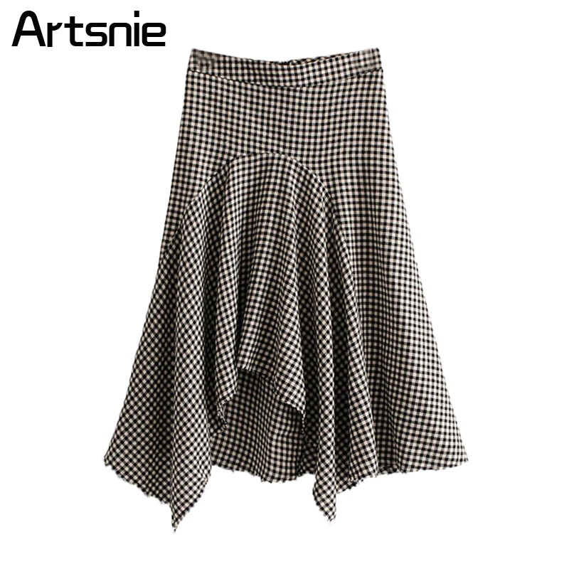 Artsnie Black Plaid Asymmetrical Maxi Long Skirts Women Spring Elegant High Waist Pleated Ladies