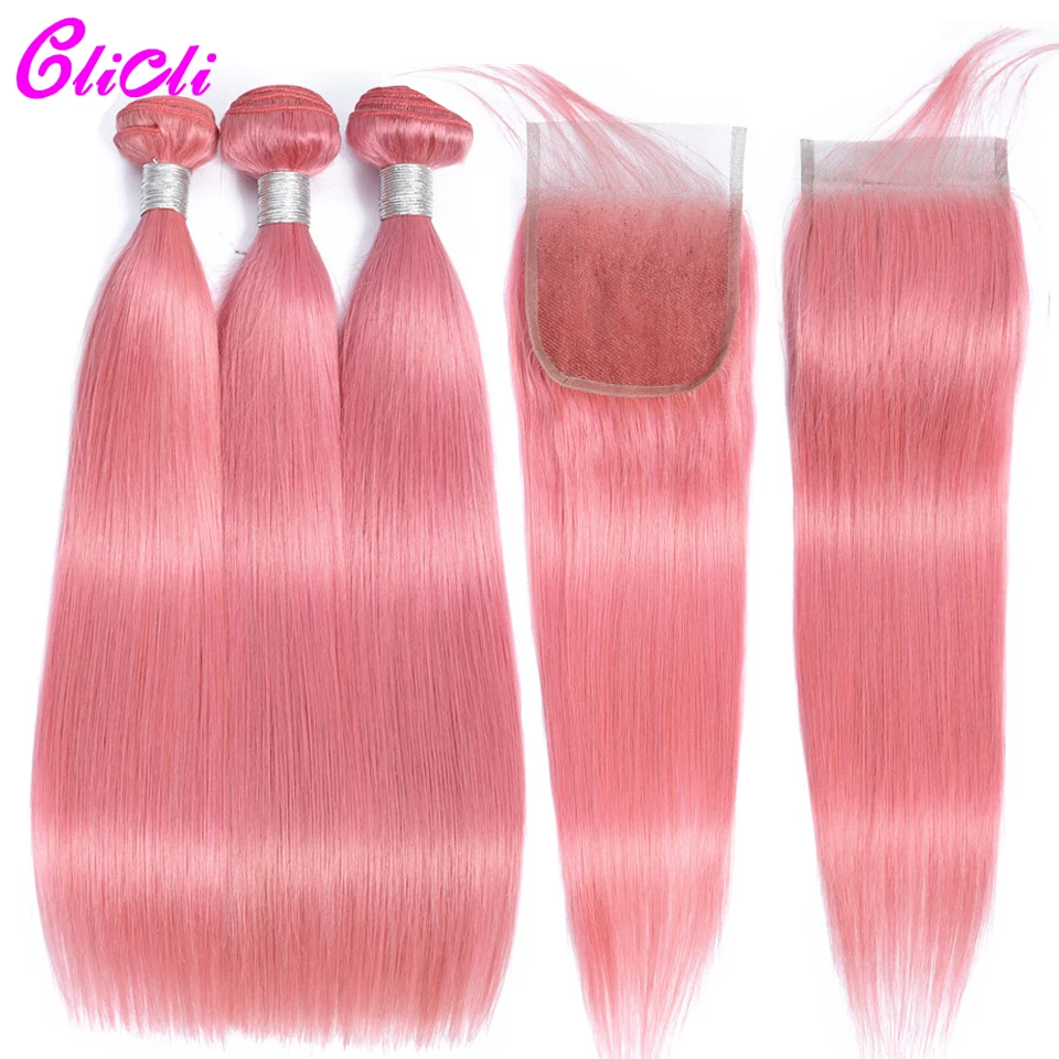 

Brazilian Hair Pre Colored Pink Bundles With Closure Straight Hair 100% Human Remy Hair Bundles With Lace Closure With Baby Hair