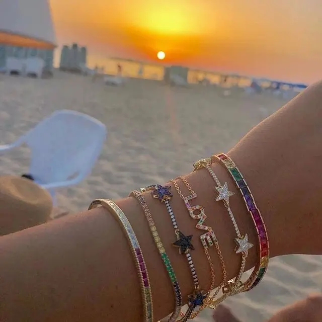 

Molinuo 18+5cm size copper chain gold color LOVE letter charm bracelet multicolored zircon paved double chain Alphabet bracelet