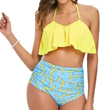 3XL Plus size Hgh waist bikini set layered ruffle bikini halter swimsuit high waist swimwear women ruffled swimsuit drop ship plus size print ruffle bikini set