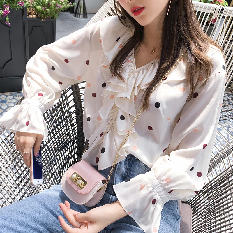 

MiShow 2019 summer women casual V-neck Long sleeves white dots chiffon cute blouses women MX19B4867