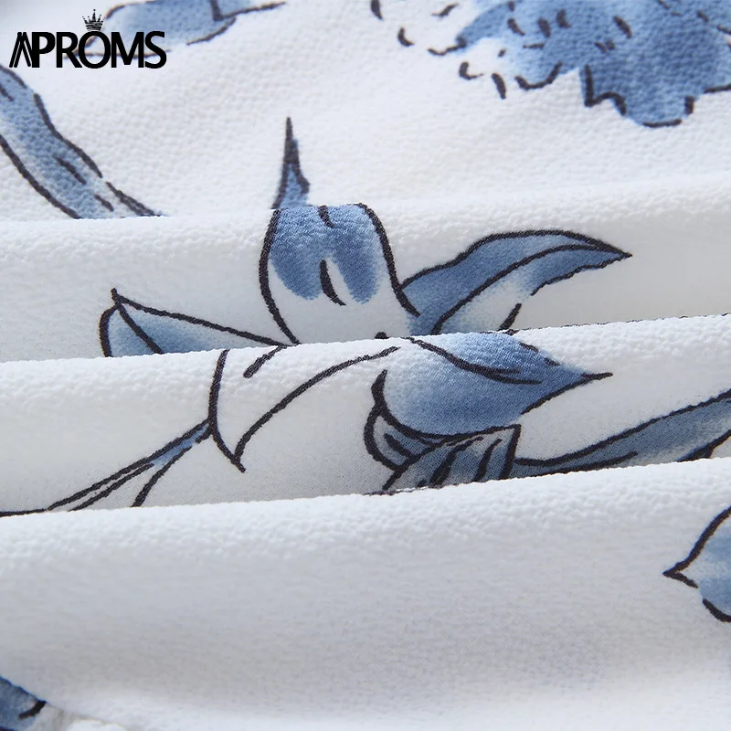 Aproms, синие, с цветочным принтом, с рюшами, короткие, вечерние, женские сарафаны,, летние, сексуальные, открытая спина, половина рукава, повседневные платья, Vestido