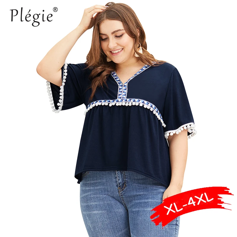 

Plegie Patchwork Printing T shirt Lady Plus Size Tops 2019 Summer Plus Size Womens Clothing Small Ball Tassel Women T-Shirts