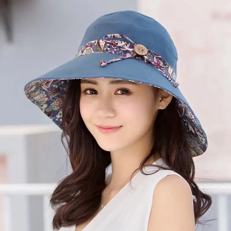 Летняя женская шляпа от солнца с супер большими полями, модная шляпа с принтом, шляпа с защитой от ультрафиолета, Пляжная складная шляпа - Цвет: Blue