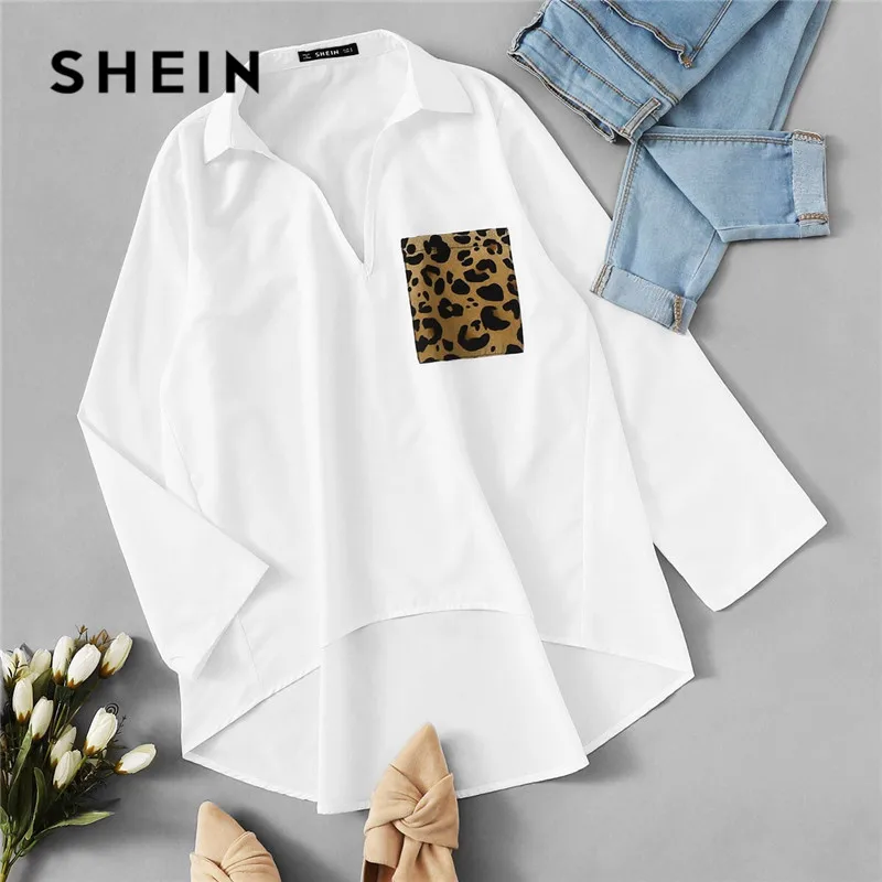 Billig SHEIN Gepatcht Leopard Tasche Dip Saum Bluse Frauen Kleidung 2019 Frühling Casual Langarm Damen Tops Solide Lose Blusen