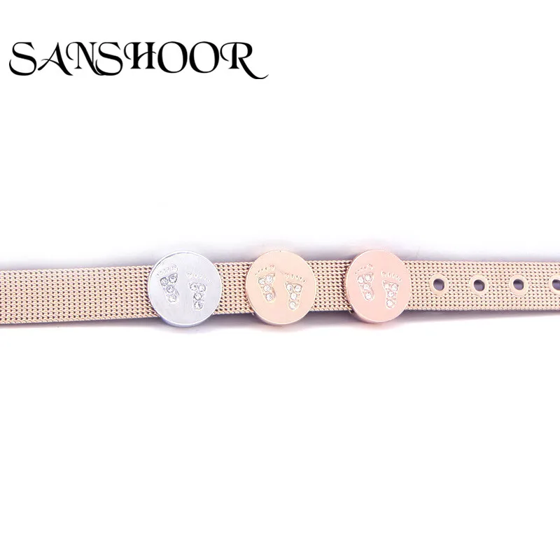 

SANSHOOR Jewelry Crystal Rhinestone Baby Feet Slide Charms for 10mm Leather Stainless Steel Mesh Bracelet DIY Accessories Making
