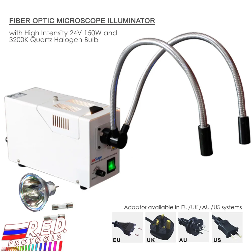 

DUAL Pipe Gooseneck FIBER OPTIC MICROSCOPE ILLUMINATOR with ADJUSTABLE BRIGHTNESS + 24V 150W 3200K Quartz Halogen Bulb