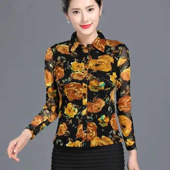 

Spring 2017 Womens Casual Slim Stretch Full Sleeve Flower Pattern Mesh Blouse , Female 4XL Woman Autumn Floral Cardigan Blouses