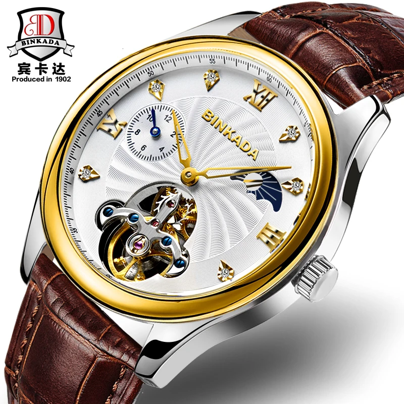 

2016 Luxury Brand BINKADA Automatic Mechanical Watches Men Waterproof Moon Phase Tourbillon Watch Calendar Leather Wristwatch
