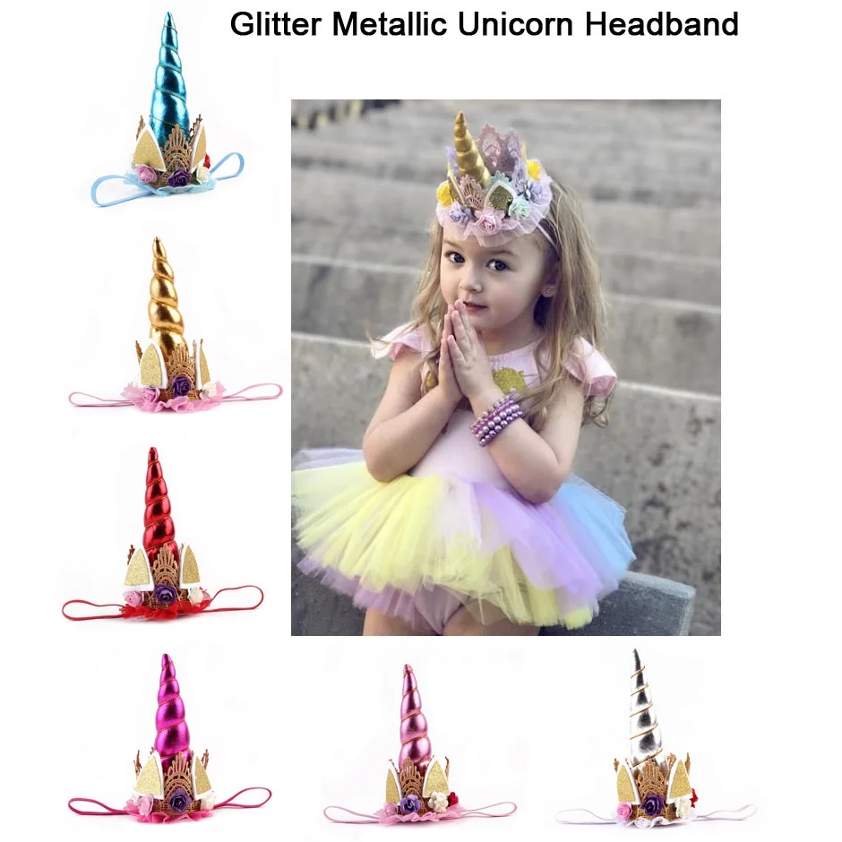 

1PC Glitter Metallic Tiara Unicorn Headband Baby Girl DIY Felt Unicorn Horn Headbands Princess Crown Party Hair Accessories