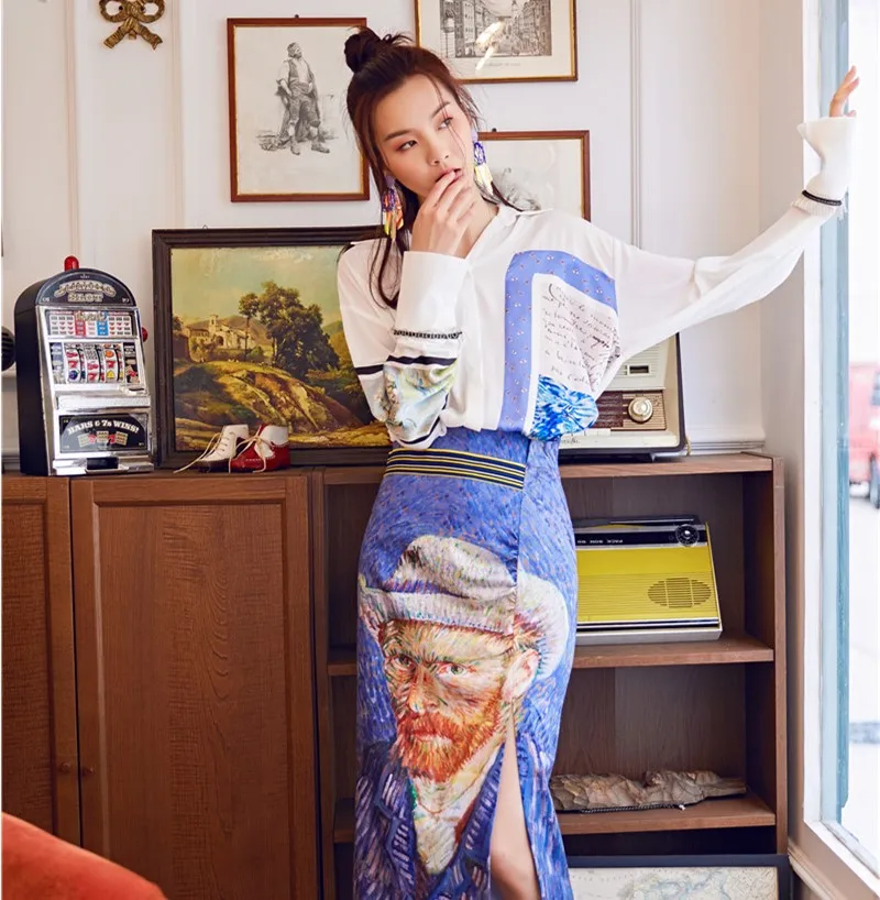 

Elegant Office Lady Summer Vintage 2 Piece Sets Women Long Sleeve Loose Irregular Crop Top White Blouse + Stylish Van Gogh Skirt