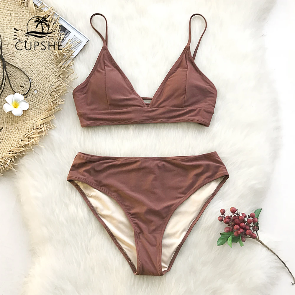 CUPSHE Brown Lace Up Bikini Sets Women Triangle Mid Waist Two Pieces Swimsuits 2020 Girl Plain Beach Bathing Suit Swimwear|Bikini Set| - AliExpress