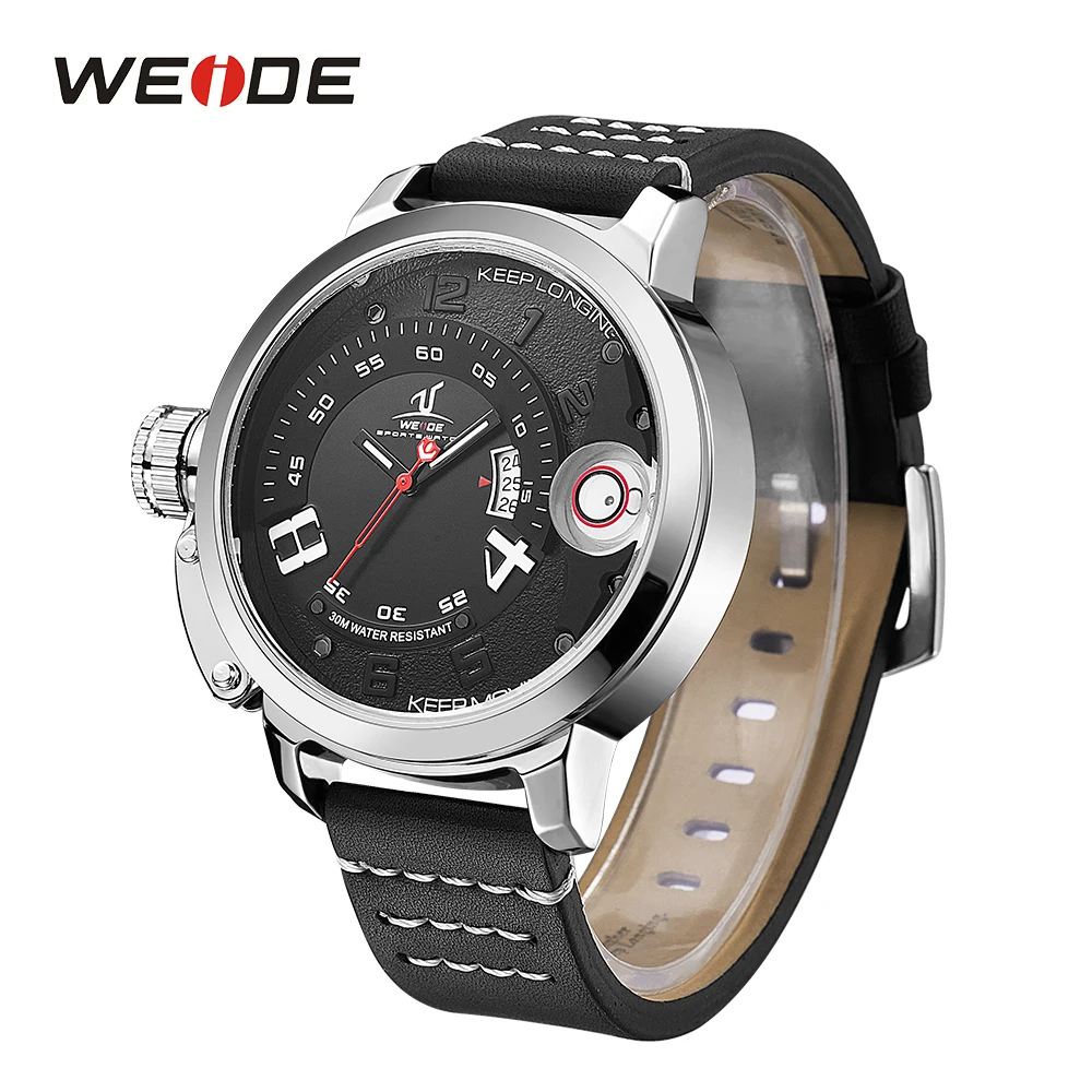 WEIDE Men Analog Calendar Date Black Leather Strap Buckle Stainless Steel Back Case Hardlex Men Fashion Sport Quartz Wrist Watch