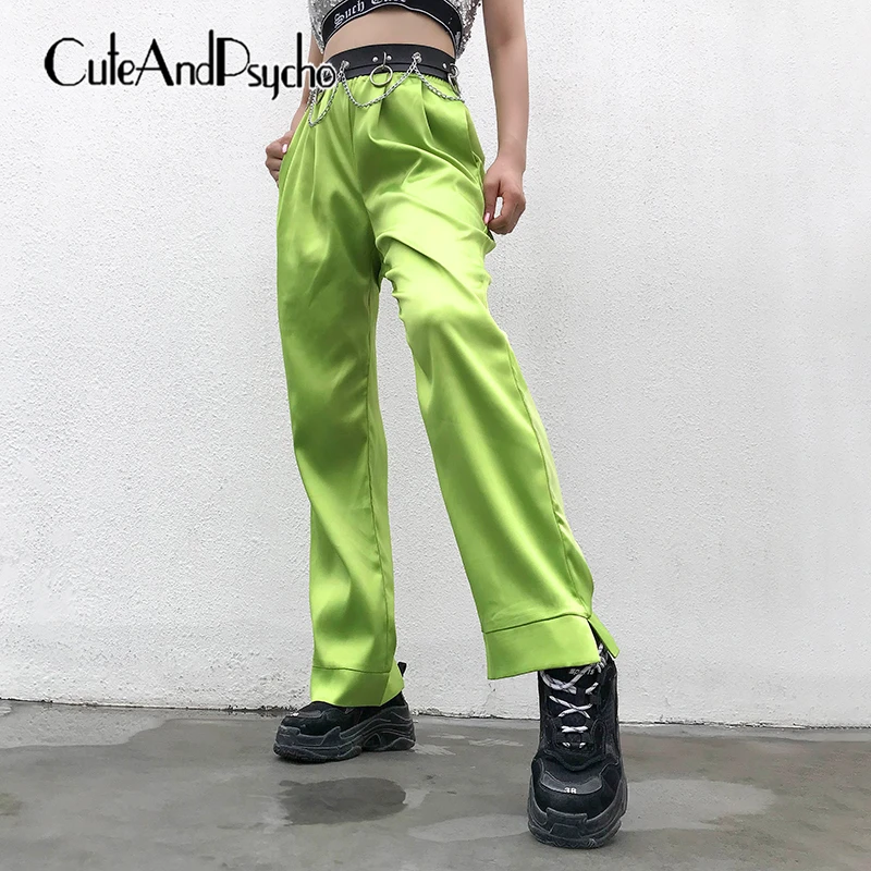 Неоновые зеленые брюки с высокой талией женские Мешковатые атласные Брюки с карманами Harajuku прямые женские брюки капри уличная одежда cuteandpsycho