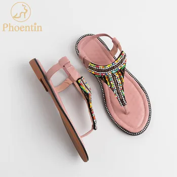 

Phoentin 2019 Flip-flop sandals genuine leather retro flats summer shoes string bead elastic band woman sandals Bohemian FT683
