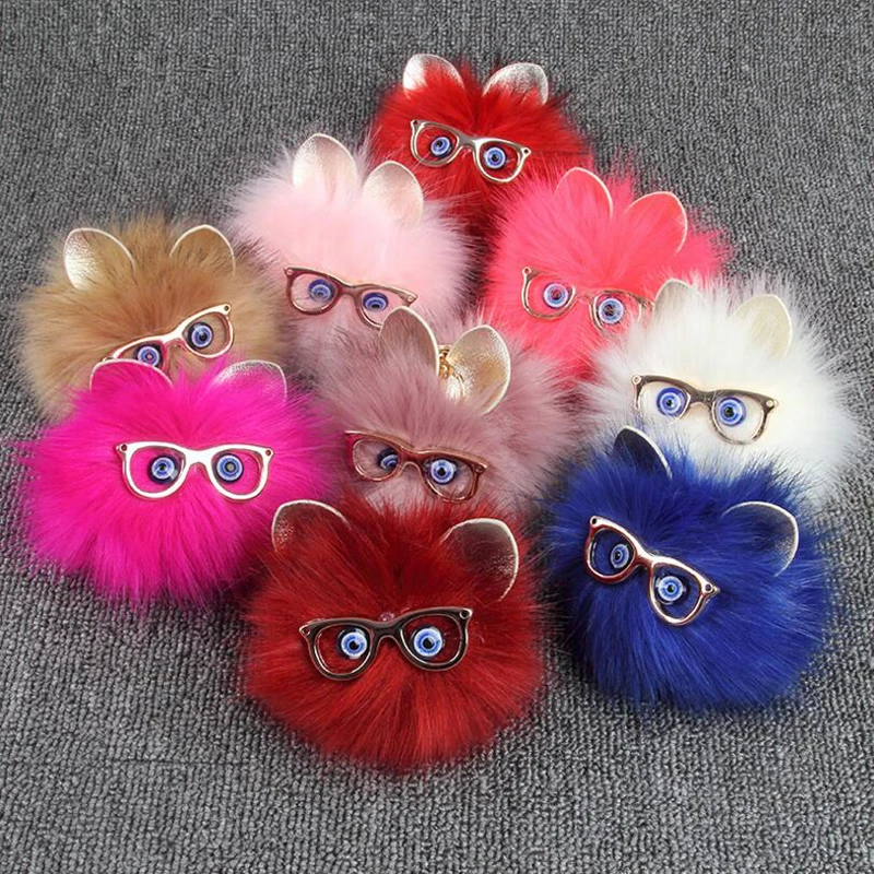

2018 New Arrival Cute Fluffy Wear Glasses Cat Pom Pom Rabbit Fur Ball Keychain For Women Girls Keyring Bag Free Shipping
