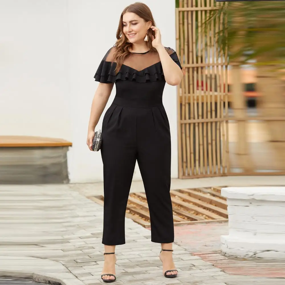

2019 HOT SALE Sexy Fashion Spring Summer Women Plus Size Mesh Stitching Ruffled Short-Sleeved Small Feet Jumpsuit AD