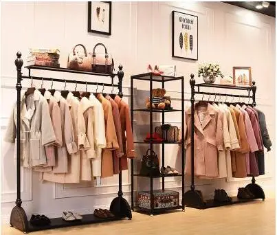 Retro clothing store display stand on the wall men and women loading shelf hanger display rack European-style floor-standing .