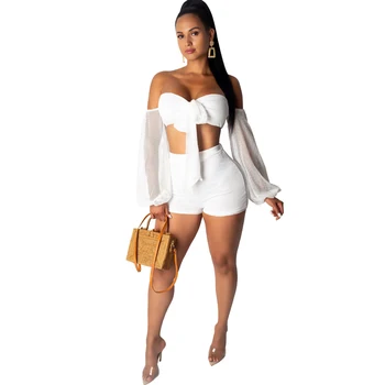

Summer new women's jumpsuit two-piece sexy off-the-shoulder mesh breathable tube top shorts suit