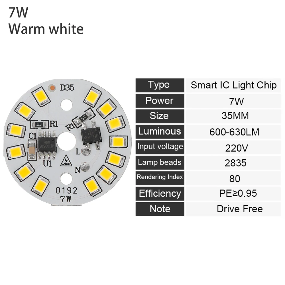 DIY светодиодный светильник AC220V, умный IC светодиодный светильник для лампы SMD 15 Вт 12 Вт 9 Вт 7 Вт 5 Вт 3 Вт, теплый белый - Испускаемый цвет: 7W