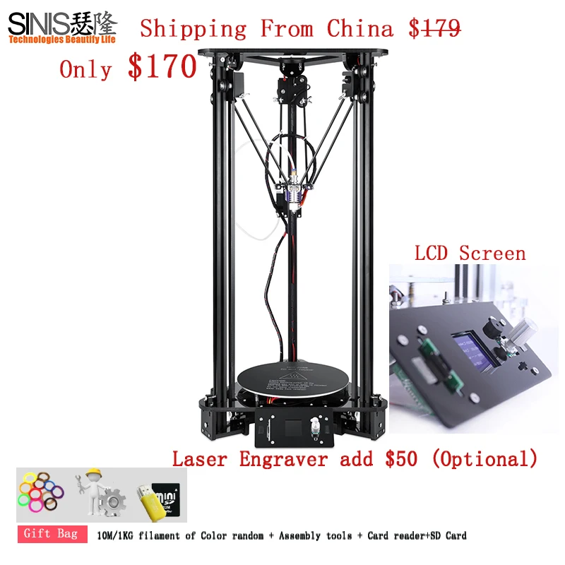 

Acrylic + Aluminum Frame Delta 3D Printer Kit Multi-Languages Menu with Smart Leveling BMP Laser Engraver 3d Printing Machine