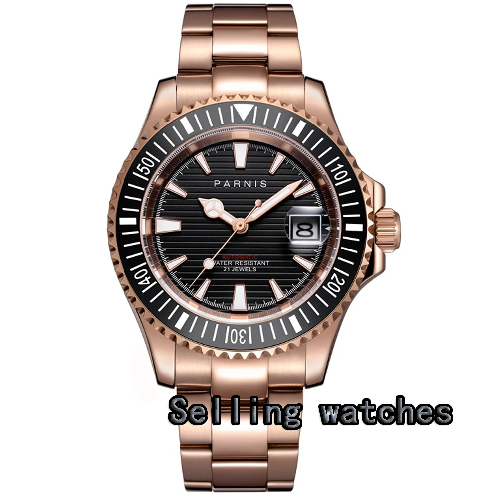 

new arrive 41mm Parnis black dial Rose Gold plated case Sapphire Ceramic date 21 jewels miyota automatic mens watch