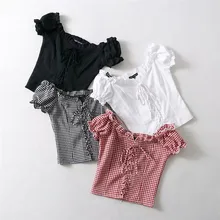 Women cotton grid Spliced Lace Hem shirt with V Neck Puff Sleeve shirt Summer Elegant slim Short Sleeve Blouse tops Women cotton grid Spliced Lace Hem shirt with V Neck Puff Sleeve shirt Summer Elegant slim Short Sleeve Blouse tops