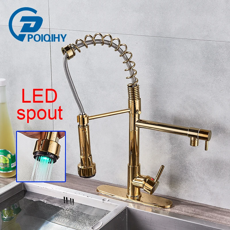 

POIQIHY Luxury Golden Bathroom Kitchen tap Pull out Faucet Deck Mounted One Hole Swivel Rotate Kitchen Mixers faucet