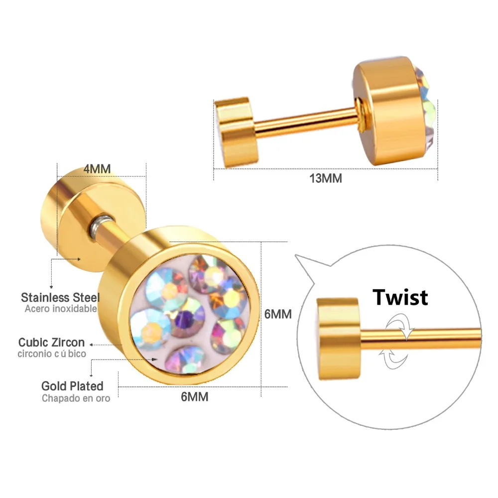 Роскошный стальной красочный болт с кристаллом серьги-гвоздики для девочек/дам/детей из нержавеющей стали золото/серебро серьги Модные ювелирные изделия Bijoux