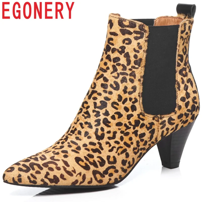 

EGONERY Elegant Party Lady's ankle boots spring Winter plush sexy 6cm high heel Leopard pattern Kid Suede Leather woman shoes