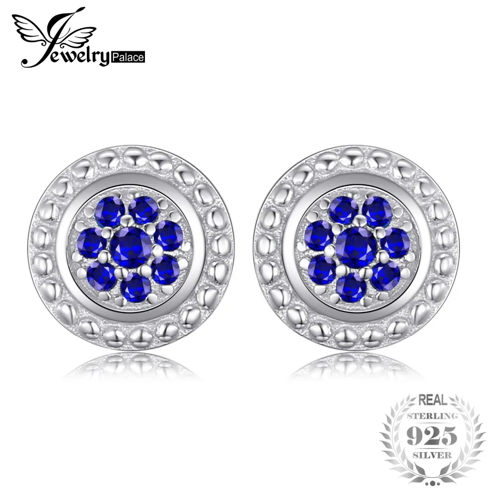 

JewelryPalace Charm Flower Created Blue Spinel Stud Earrings For Woman 100% 925 Sterling Silver Vintage Fashion Jewelry Gifts