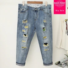 XL-5XL плюс Размеры с высокой талией, женские джинсы Новинка осени отверстия повседневные свободные джинсы женские хлопковые носки длиной до щиколотки Брюки-Капри L1001