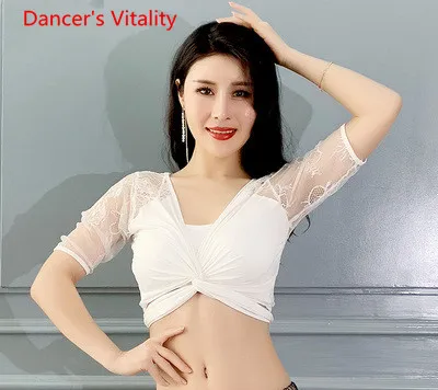 Belly Dance Top New Spring Summer Short Sleeve Sexy Lace Slim Fit Training Outfits Oriental Indian Dancing Competition Top - Цвет: Белый