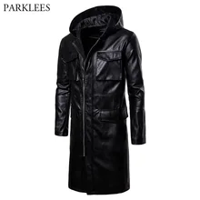 Мужская удлиненная кожаная куртка с капюшоном из искусственной кожи, мужские куртки и пальто, Повседневная приталенная куртка с несколькими карманами, искусственная кожа, Veste Homme