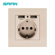 Enchufe de pared de la Unión Europea SRAN, enchufe con Panel de PC ignífugo oro USB 86mm * 86mm 16A Enchufe europeo 5V 2.1A interfaz móvil USB